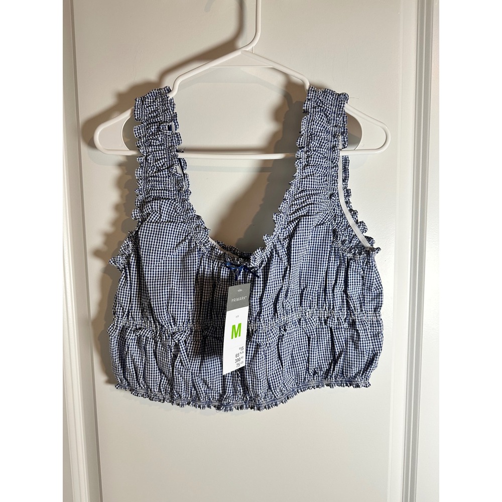 Gingham Crop Top Primark Blue‎ White Ruffle Sleeveless Smocked Women's